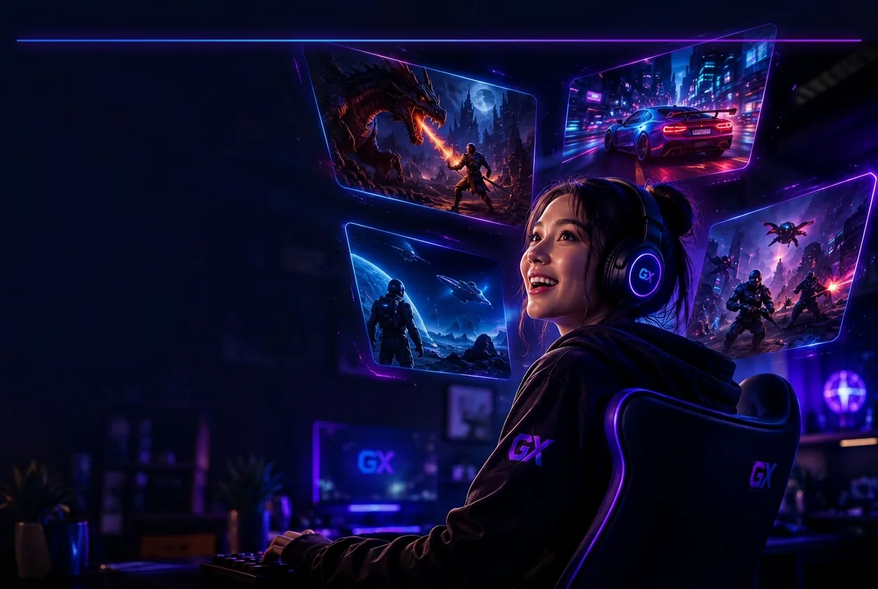 Gamer wearing GX headphones surrounded by floating game screens